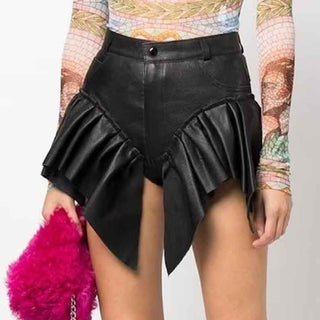 Luna Women's Real Leather Ruffled Style Frilled Shorts Black