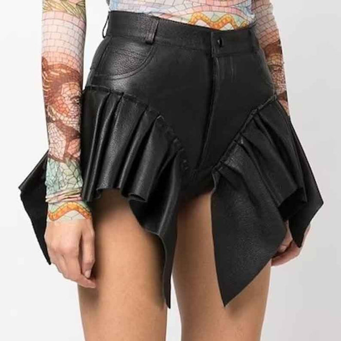 Luna Women's Real Leather Ruffled Style Frilled Shorts Black
