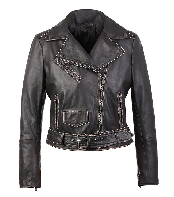 Carla Womens Distressed Short Biker Leather Jacket