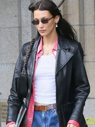 Bella Hadid Leather Jacket Black Button Closure