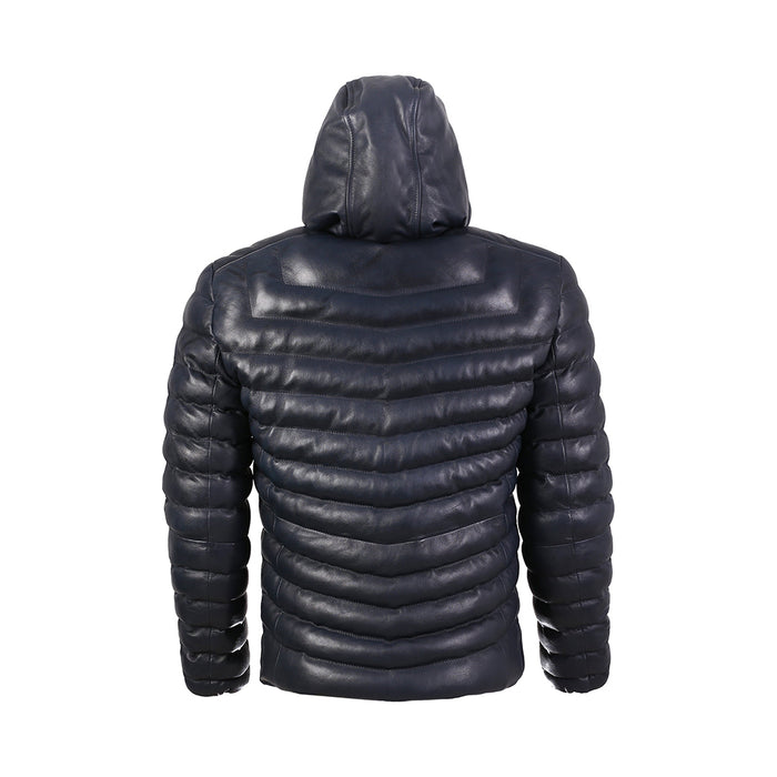 Quora Mens Bubble Puffer Leather Jacket with Hoody Dark Navy Blue