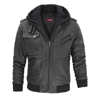 Oliver Men's Leather Bomber Jacket With Detachable Hood Grey