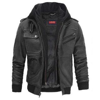 Oliver Men's Leather Bomber Jacket With Detachable Hood Grey