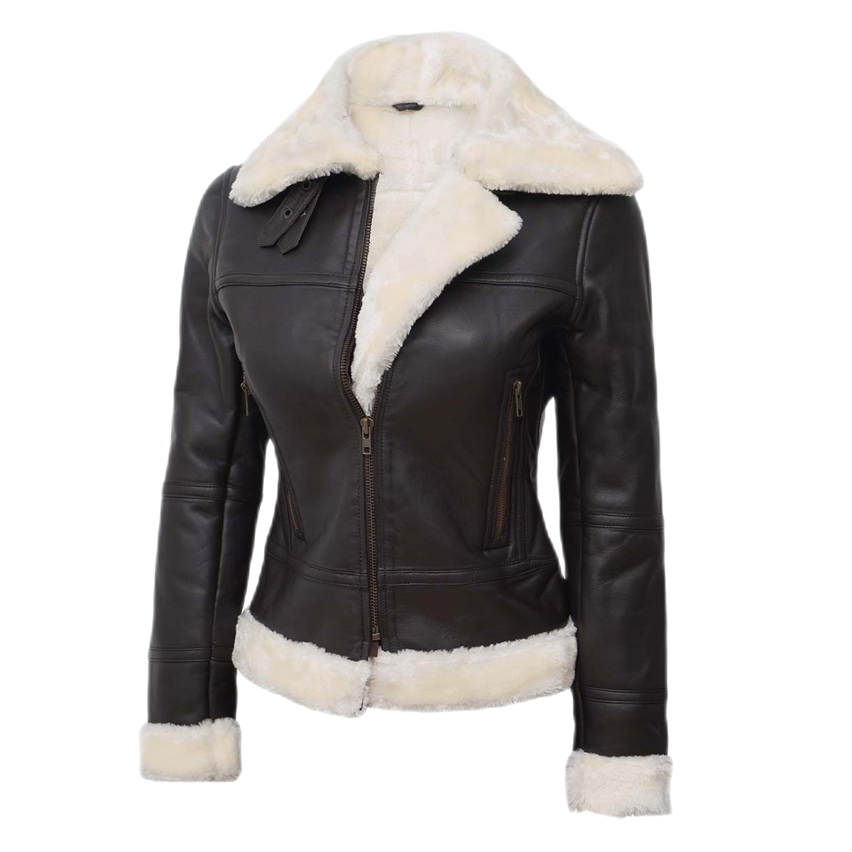 Lucy Women’s Faux Fur Lined Leather Bomber Jacket Brown