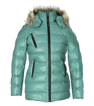 Womens Selina Puffer Leather Jacket with Fur Hoodie (Cyan)