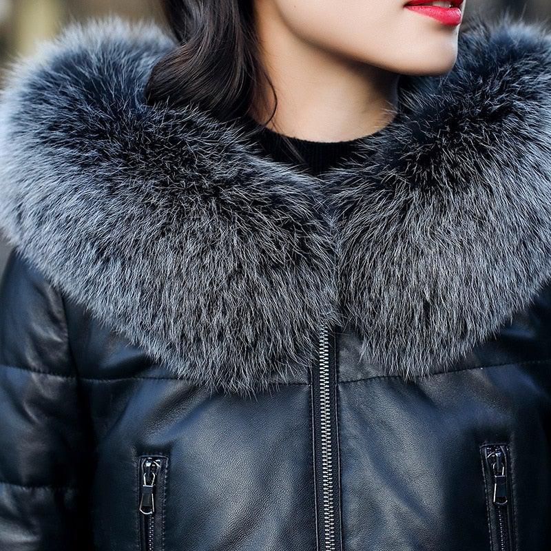 Genuine Leather Jacket Women Fox Fur and Hooded-Womens Leather Jacket-Inland Leather Co.-black-XL-Inland Leather Co.