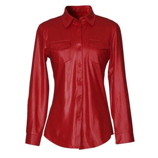 Nightclub Women's Genuine Leather Buttoned Long Sleeve Shirt-Leather Tops-Inland Leather Co-red-S-Inland Leather Co