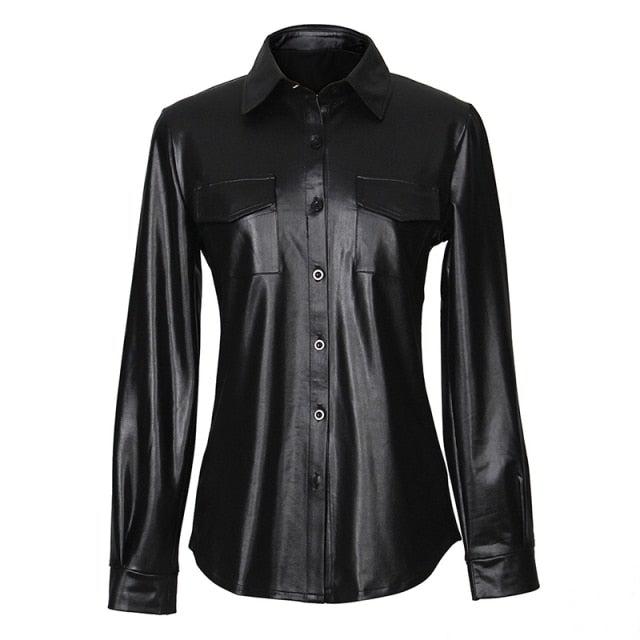 Nightclub Women's Genuine Leather Buttoned Long Sleeve Shirt-Leather Tops-Inland Leather Co-black-XL-Inland Leather Co