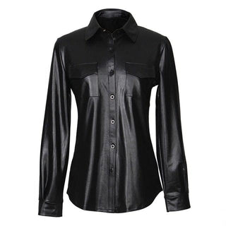 Nightclub Women's Genuine Leather Buttoned Long Sleeve Shirt-Leather Tops-Inland Leather Co-black-XL-Inland Leather Co