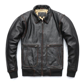 Vintage Edged Flight A2 Mens Bomber Leather Jacket 100% Goat Jacket-Mens Leather Jacket-Inland Leather Co.-Black-3XL-Inland Leather Co.