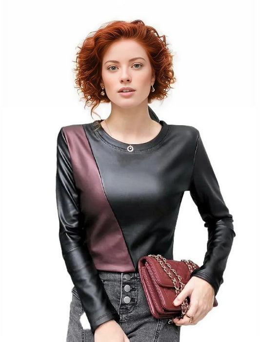 Women's Autumn Long Sleeve Genuine Leather Blouse-Leather Tops-Inland Leather Co-Inland Leather Co.
