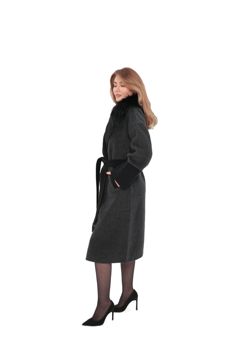 Graphite Cashmere Wool Coat with Silver Fox Fur