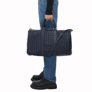 Toby Full Grain Woven Leather Duffle Bag Navy Blue