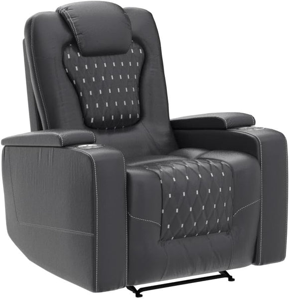 Power Recliner Chair Set of 3 – Black Leather with USB Ports & Cup Holders