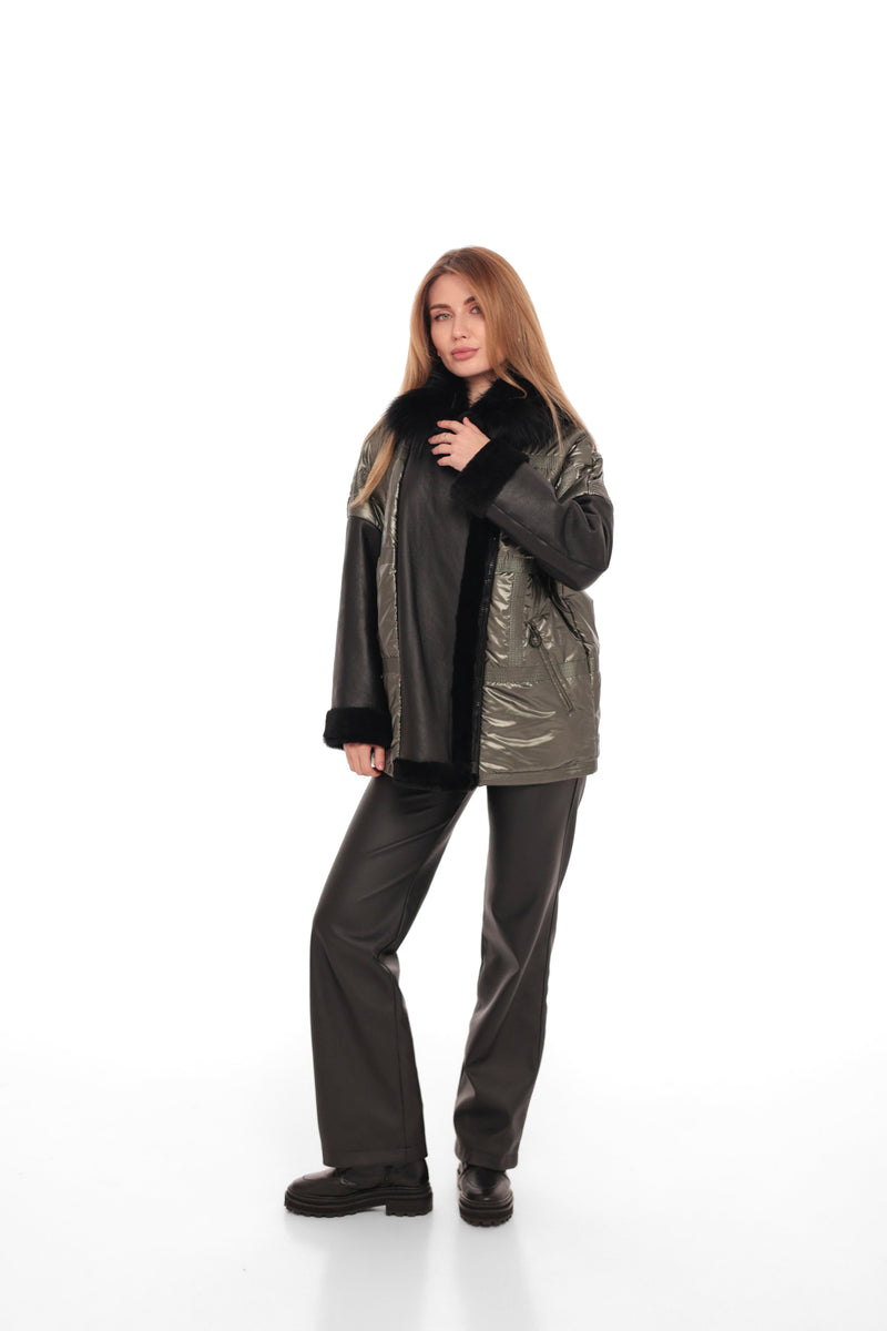 Genuine Lamb Leather Fox Fur Down Coat Olive