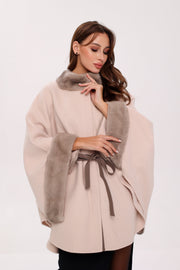 Genuine Mink Fur Wool Poncho Coat – Beige