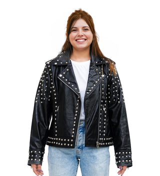 Afaaf Women’s Black Lambskin Leather Jacket Studded Biker Style