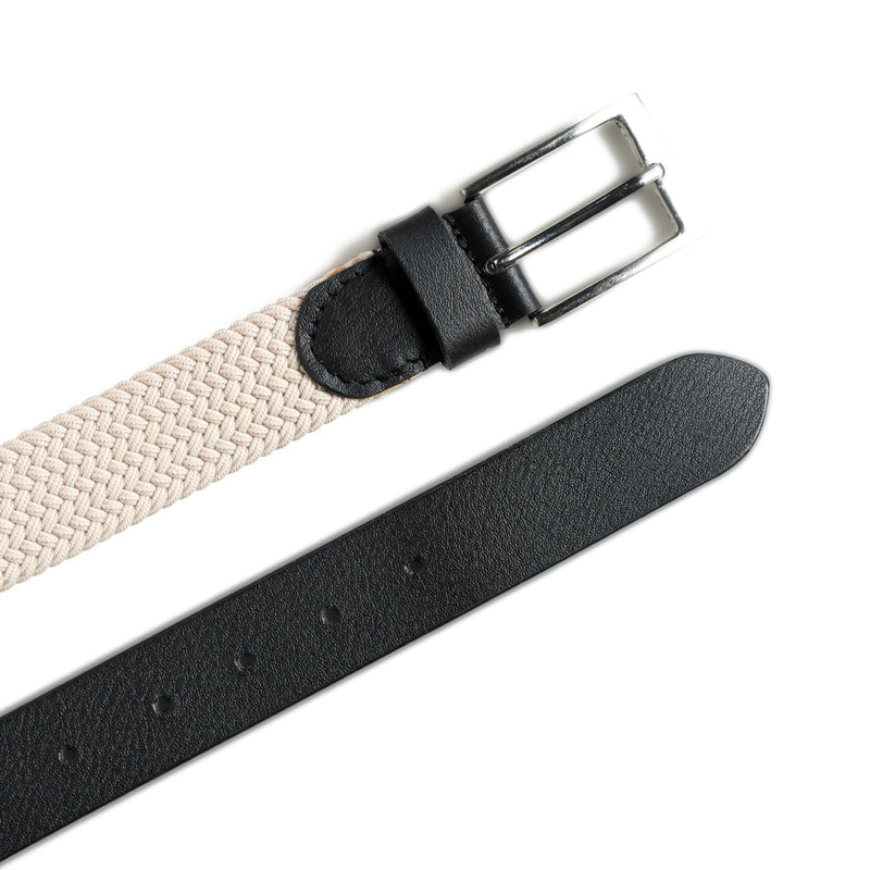 Cream & Black Men's Braided Canvas Leather Belt