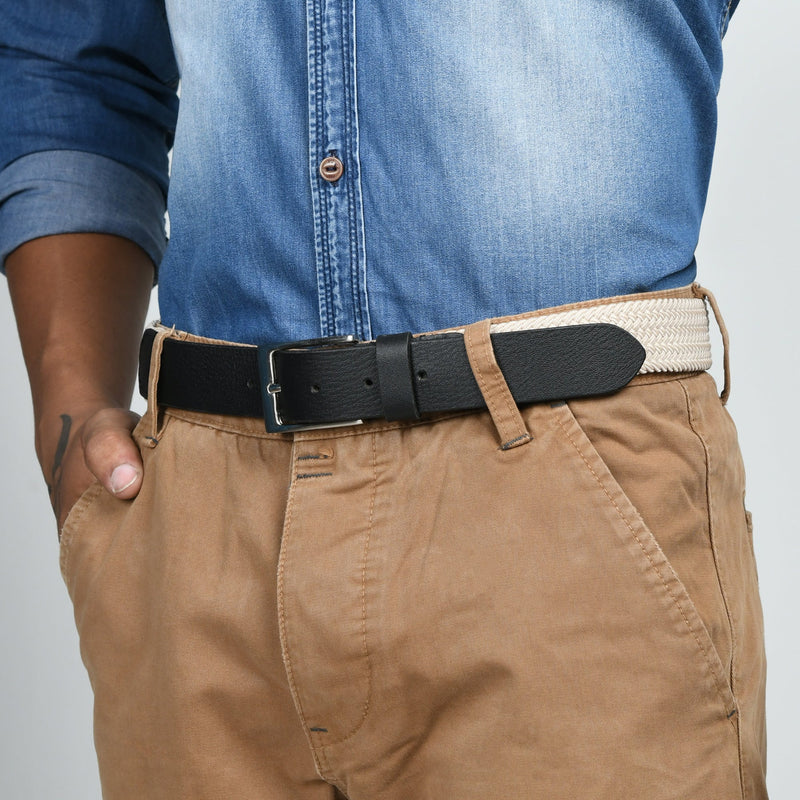 Cream & Black Men's Braided Canvas Leather Belt