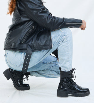 Lina Genuine Leather Biker Jacket For Women Zipper Closure Black