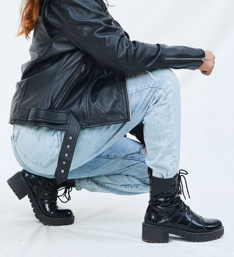 Lina Genuine Leather Biker Jacket For Women Zipper Closure Black