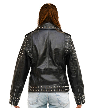 Afaaf Women’s Black Lambskin Leather Jacket Studded Biker Style