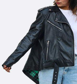 Lina Genuine Leather Biker Jacket For Women Zipper Closure Black