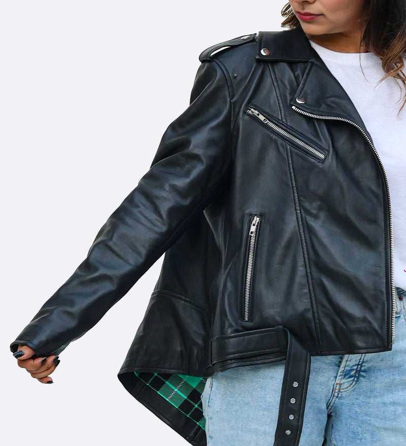 Lina Genuine Leather Biker Jacket For Women Zipper Closure Black