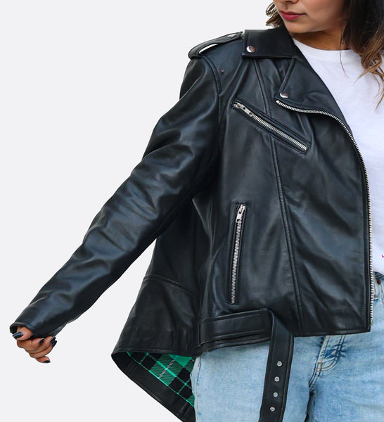 Lina Genuine Leather Biker Jacket For Women Zipper Closure Black