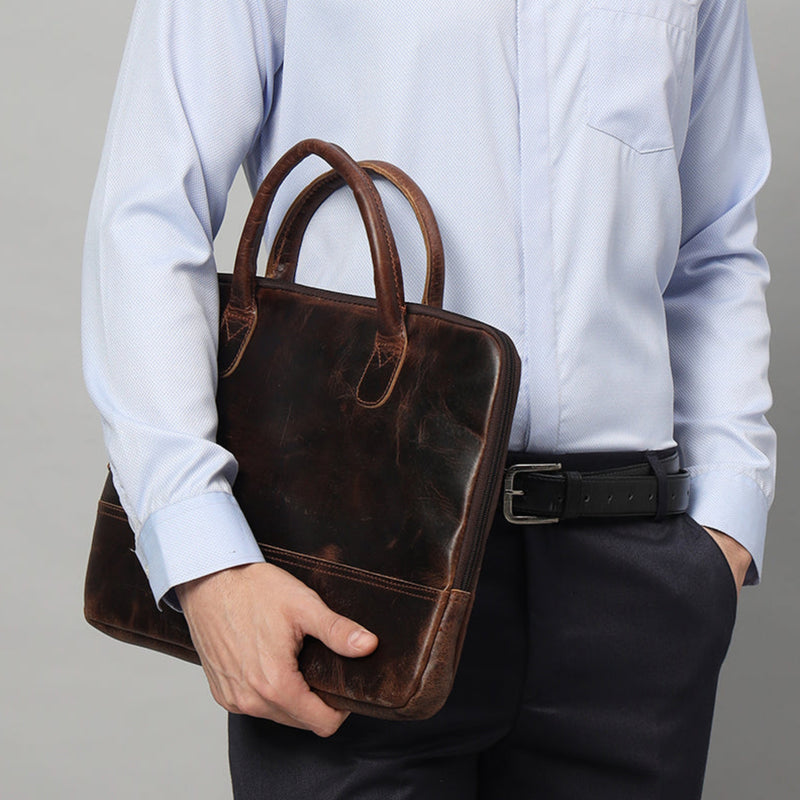 Modernist Leather Laptop Bag-Dark Brown