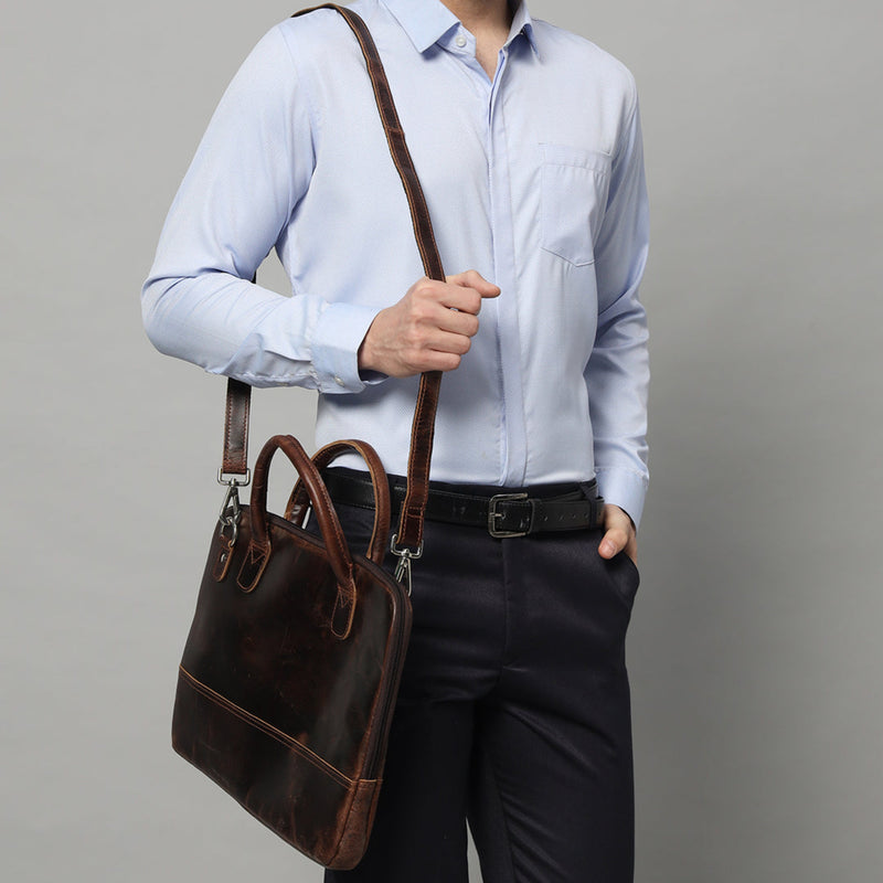 Modernist Leather Laptop Bag-Dark Brown
