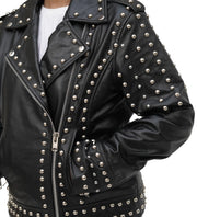 Afaaf Women’s Black Lambskin Leather Jacket Studded Biker Style