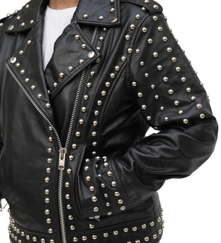 Afaaf Women’s Black Lambskin Leather Jacket Studded Biker Style