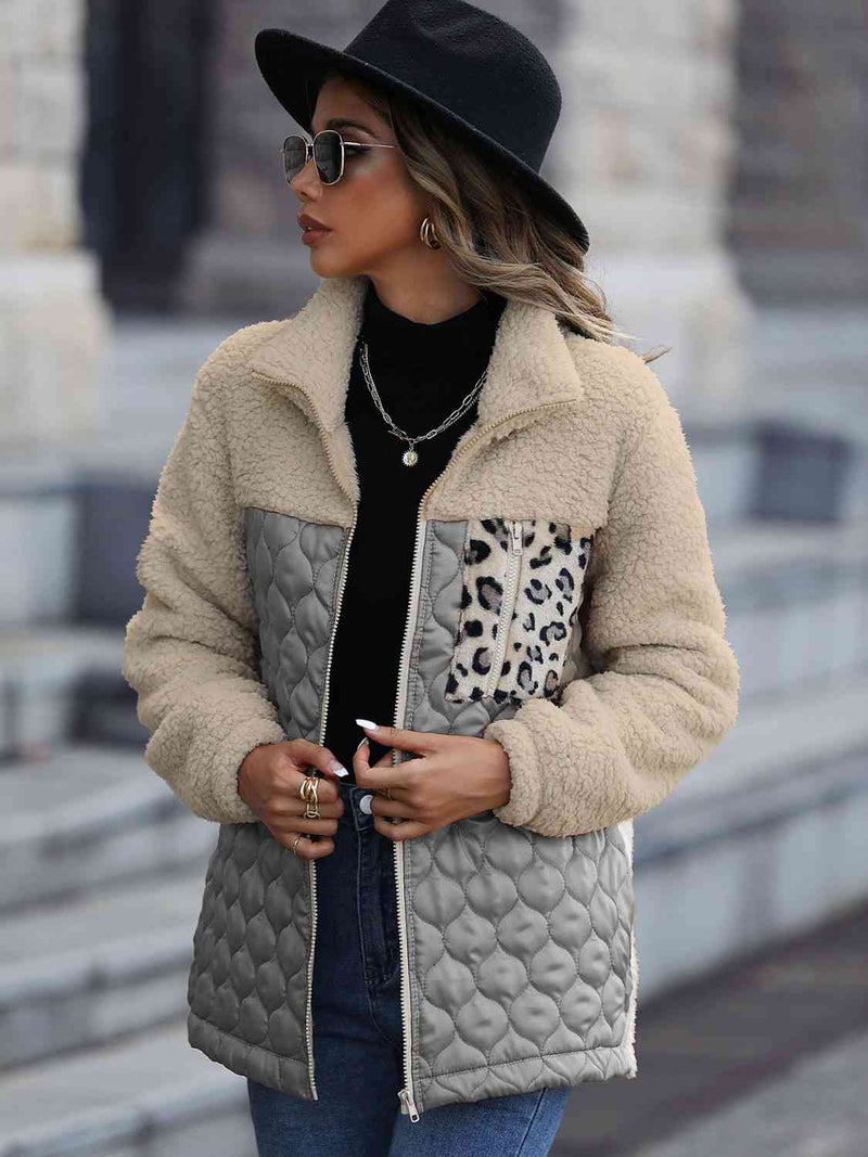 Women's Leopard Color Block Zip-Up Jacket