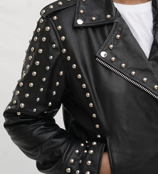 Afaaf Women’s Black Lambskin Leather Jacket Studded Biker Style