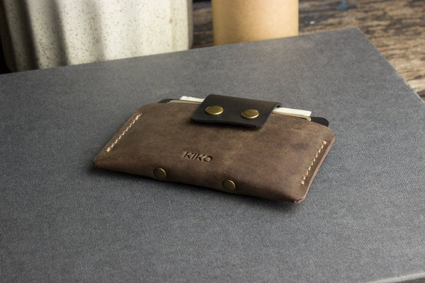 Two-Tone Cowhide Leather Card Holder Wallet Slim Button Closure