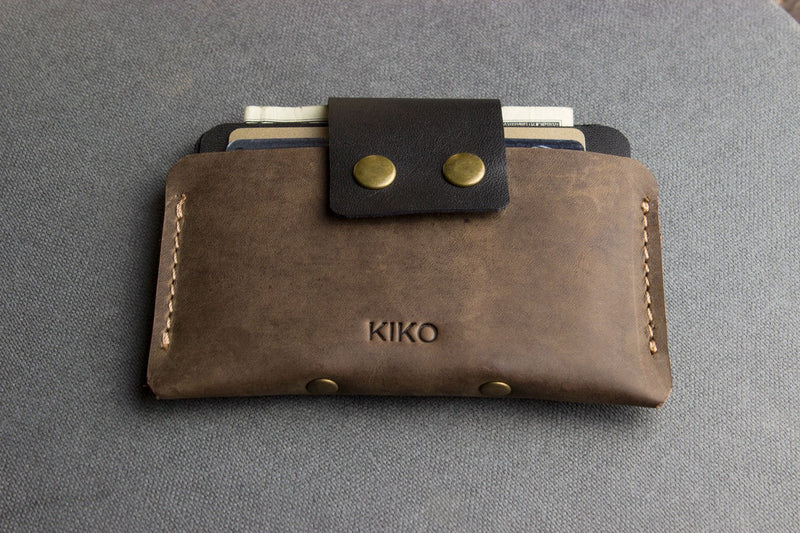 Two-Tone Cowhide Leather Card Holder Wallet Slim Button Closure