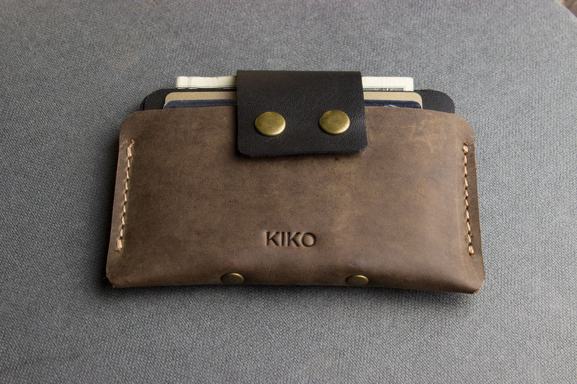 Two-Tone Cowhide Leather Card Holder Wallet Slim Button Closure