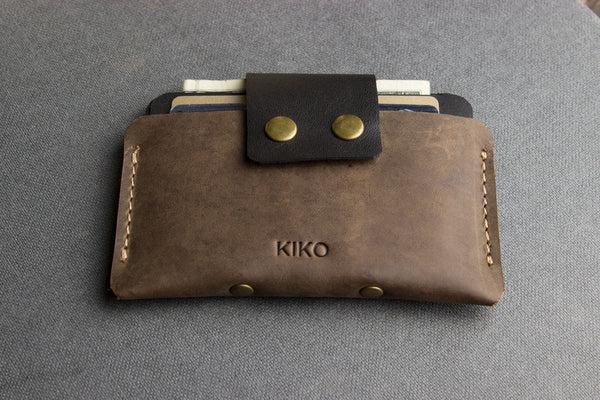 Two-Tone Cowhide Leather Card Holder Wallet Slim Button Closure