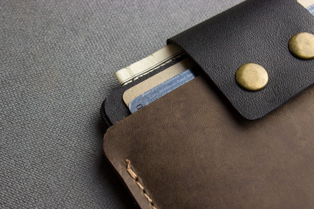Two-Tone Cowhide Leather Card Holder Wallet Slim Button Closure