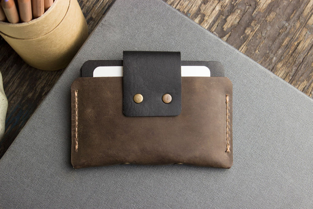 Two-Tone Cowhide Leather Card Holder Wallet Slim Button Closure