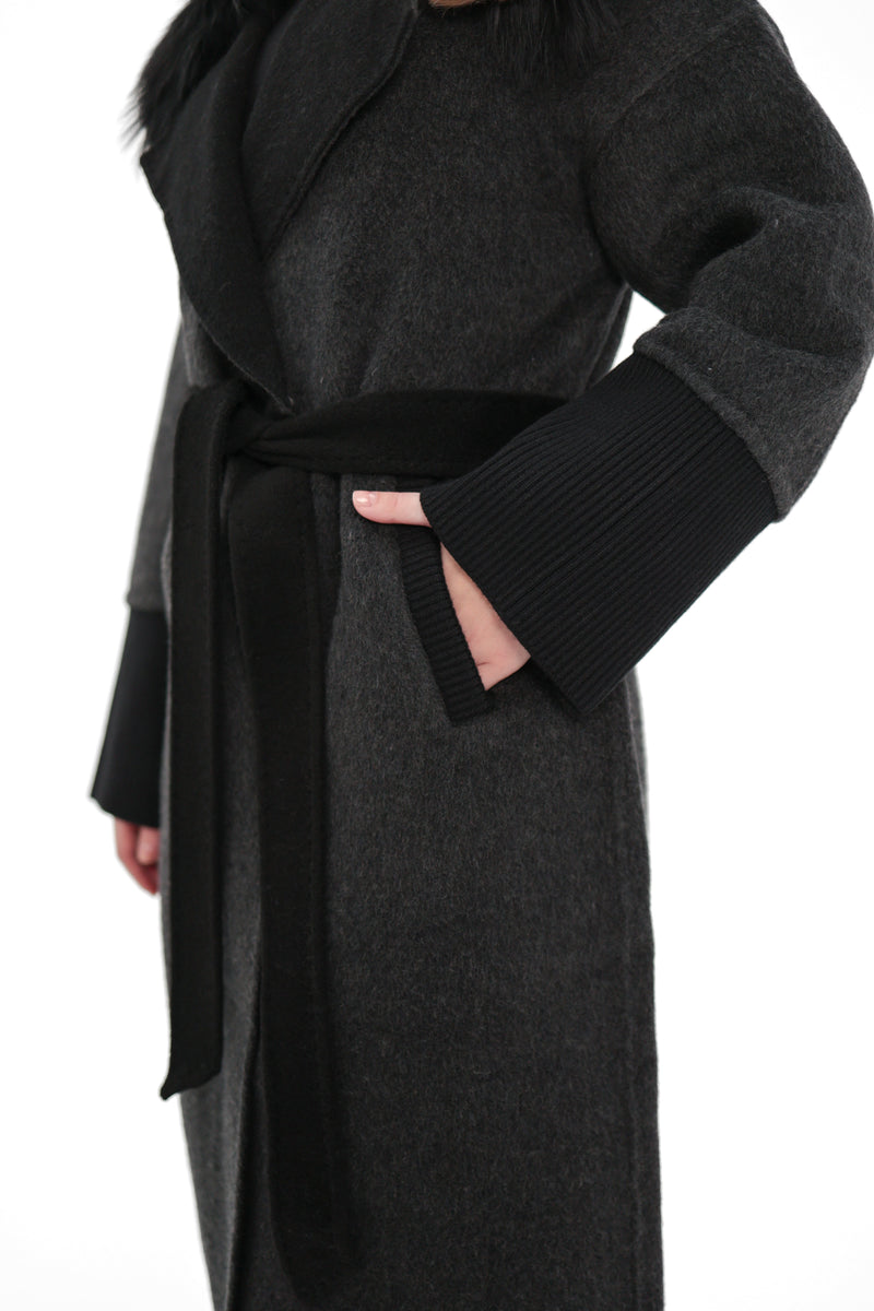 Graphite Cashmere Wool Coat with Silver Fox Fur