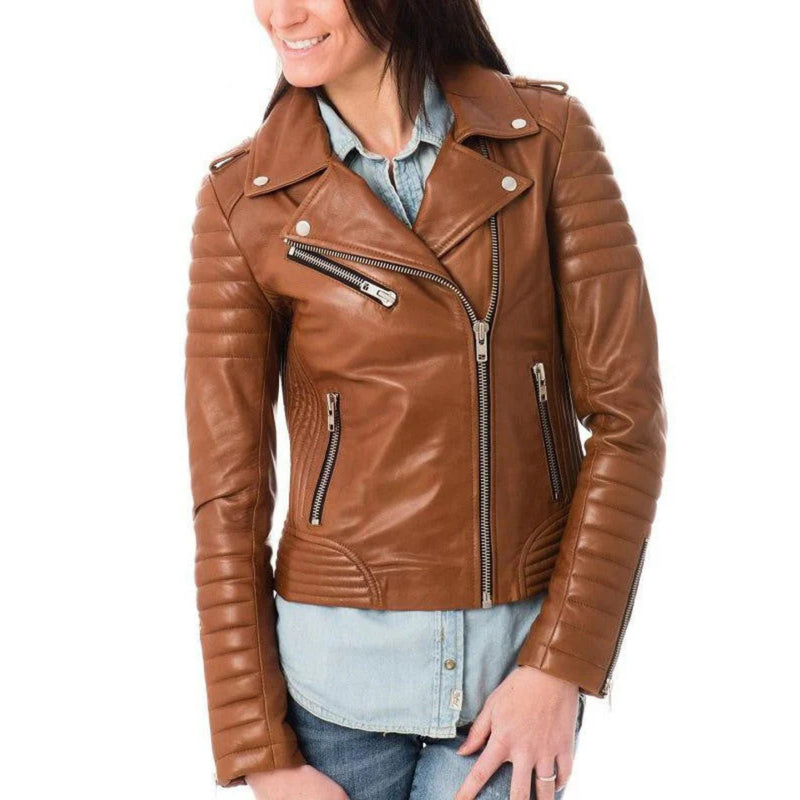 Beyza Women's Zipper Leather Biker Jacket Tan