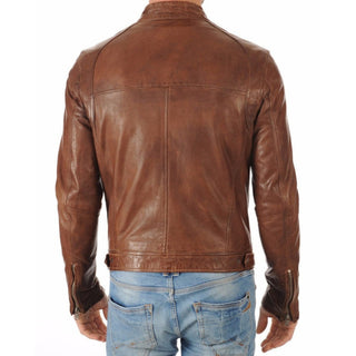 Emir Stand Collar Men's Leather Biker Jacket Brown