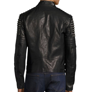 Eren Men's Bold Studded Accents Biker Leather Jacket Black