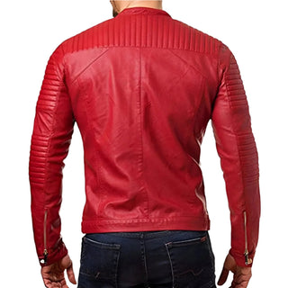 Aslan Stand Collar and Zipper Men's Leather Biker Jacket Red