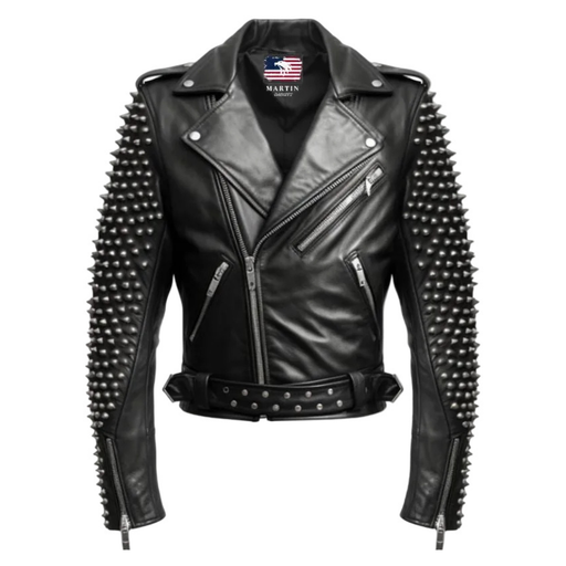 Men Black Biker Studded Leather Jacket