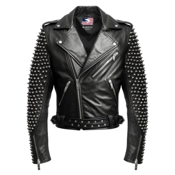 Men Black Biker Studded Leather Jacket
