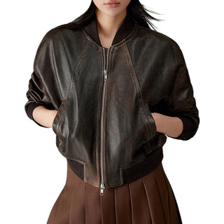 Alara Zipper Leather Bomber Jacket for Women Vintage Brown