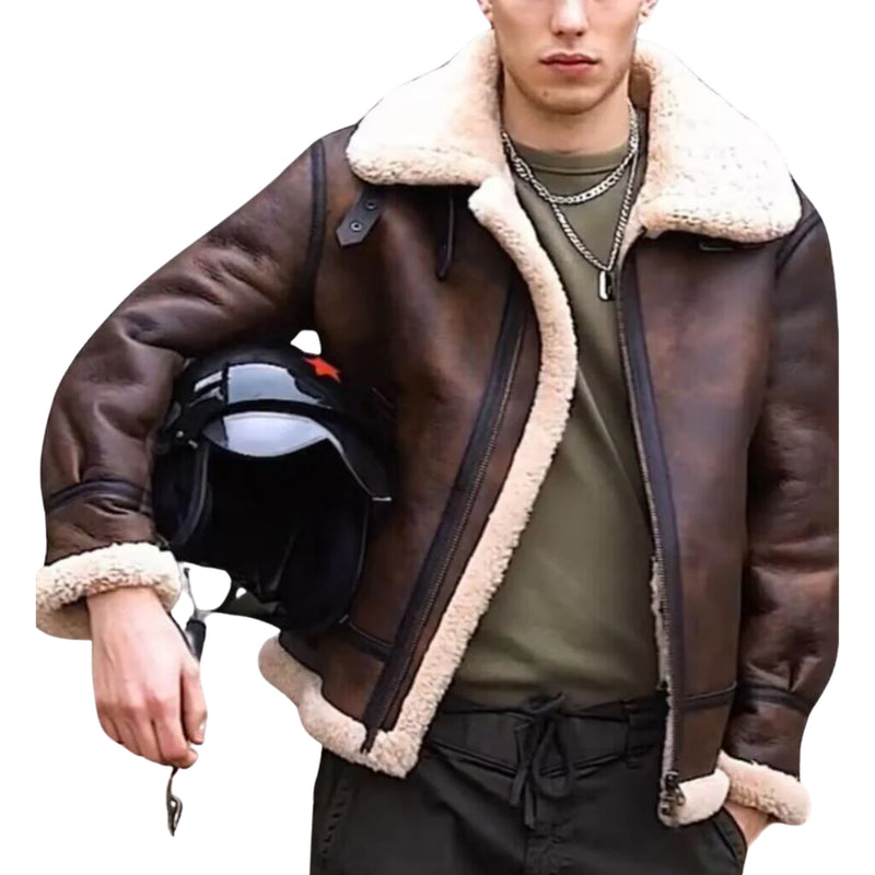 Mert Bomber Leather Jacket with Sherpa Lining and Zipper Closure Brown